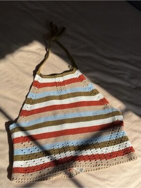 Garage Crochet Striped Halter Top - Rust, Sky Blue, Olive, Cream